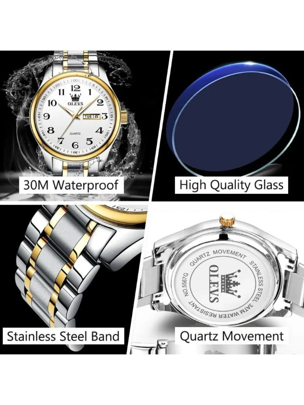 Men's Silver And Gold Stainless Steel Analog Quartz Classic Waterproof Watch